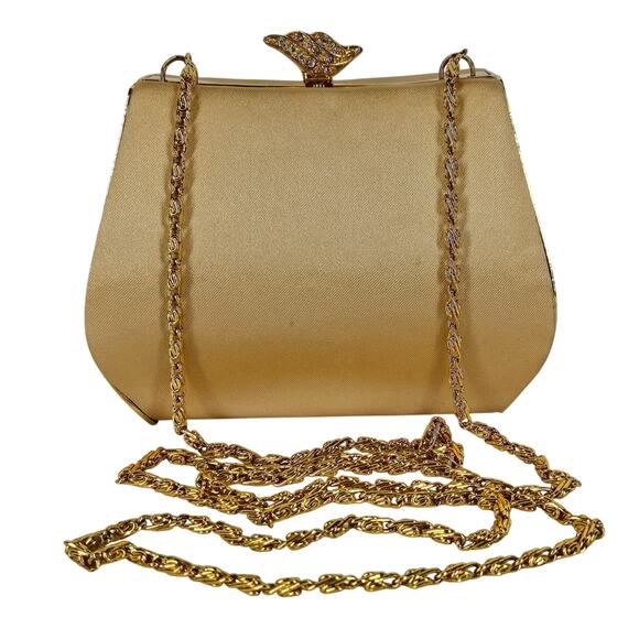 JESSICA MCCLINTOCK VINTAGE BLACK SATIN EVENING BAG 4"H x 5"L x 3"W 22" CHAIN - Picture 1 of 15